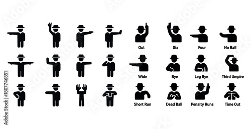 Cricket umpire hand signal icons for game calls and decisions