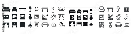 Home interior icons set: furniture, decor, appliances, art, lighting