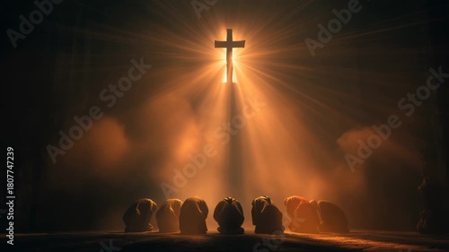 Jesus radiates light as followers kneel in worship during a spiritual gathering