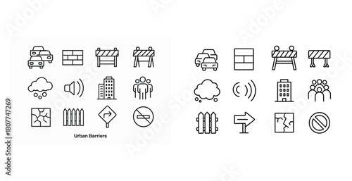 Urban barriers: diverse icon set representing city infrastructure and social dynamics