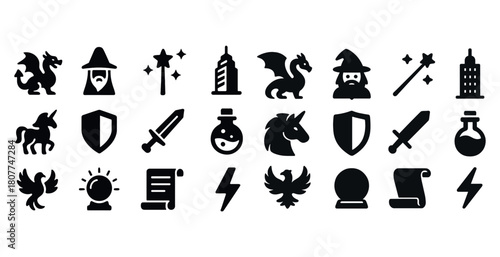 Fantasy icon set: dragons, wizards, potions, shields, and swords for magical adventures