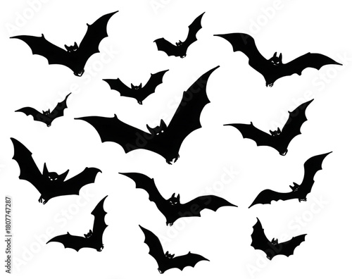 A collection of black flying bat silhouettes isolated on white.