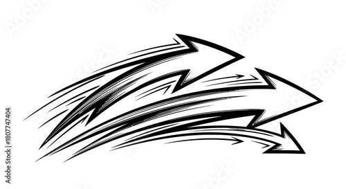 Dynamic black and white arrows with speed lines indicating motion and direction.