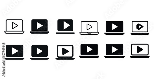 Set of video play button icons on laptops in black and white