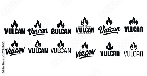 Diverse vulcan logo designs featuring flame icons and unique typographies