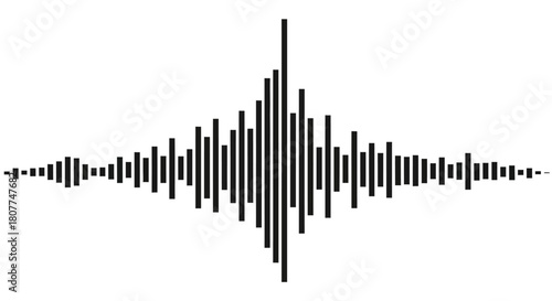 A black and white waveform representing sound or seismic activity, with a central peak and tapering sides.