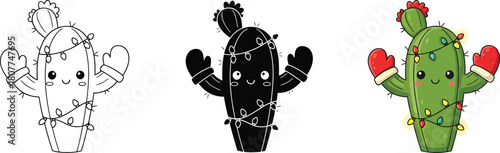Cute cartoon christmas cactus character illustration set with outline, silhouette, and colorful versions, wearing mittens and festive lights.