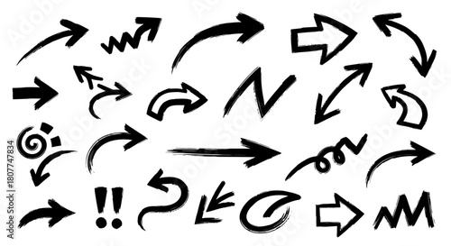 Collection of various black arrow symbols and directional signs on white background.