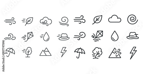 Weather icons set: wind, clouds, leaves, rain, hats, umbrellas, nature symbols