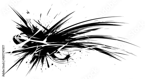 Dynamic black abstract splash design with energetic brush strokes and ink splatters on a white background.