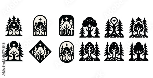 Silhouette forest and tree designs with stars in geometric shapes
