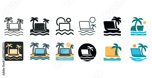 Tropical laptop logos: vibrant island icons with palms and waves