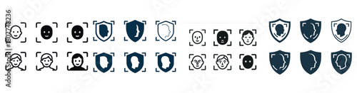 Facial recognition icons: diverse profiles and security shields