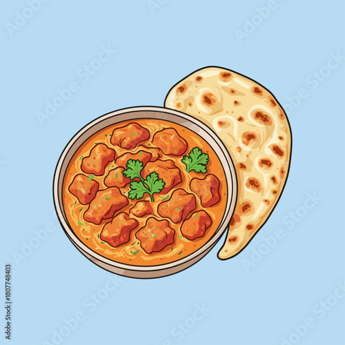 Nan roti with chicken curry icon logo flat vector design
