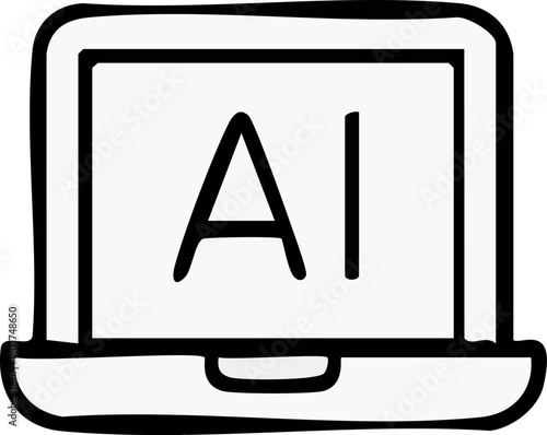 A simple black-and-white icon of a laptop displaying the letters “AI” on its screen, representing artificial intelligence technology.