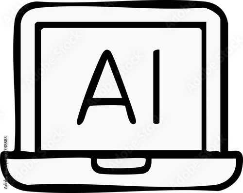 A simple black-and-white icon of a laptop displaying the letters “AI” on its screen, representing artificial intelligence technology.