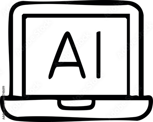 A simple black-and-white icon of a laptop displaying the letters “AI” on its screen, representing artificial intelligence technology.