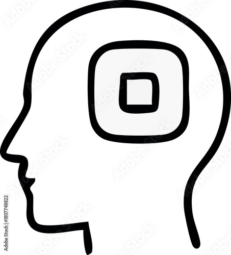 A simple black-and-white silhouette of a human head with a square-shaped symbol inside, representing thinking, focus, or cognitive processing.