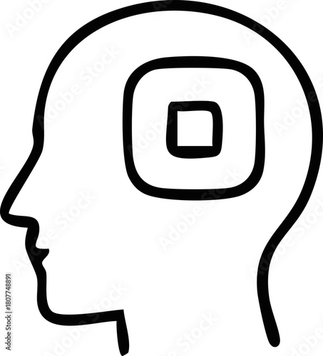 A simple black-and-white silhouette of a human head with a square-shaped symbol inside, representing thinking, focus, or cognitive processing.