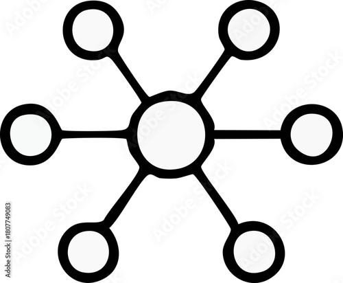 A minimal black-and-white network icon showing one central circle connected to five surrounding nodes, symbolizing communication, connectivity, and data links.