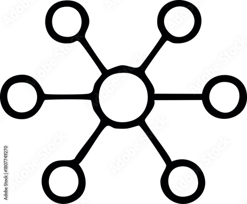 A minimal black-and-white network icon showing one central circle connected to five surrounding nodes, symbolizing communication, connectivity, and data links.