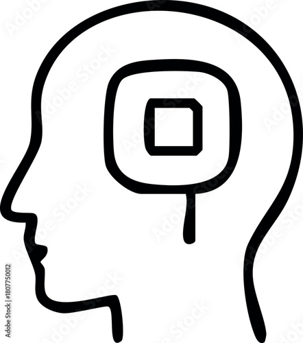 A simple black-and-white silhouette of a human head with a square-shaped symbol inside, representing thinking, focus, or cognitive processing.