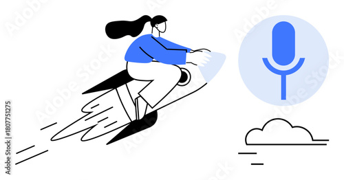 Woman flying on rocket toward microphone icon above cloud, representing creativity, innovation, communication, growth, technology, personal achievement. Ideal for progress, ambition and a simple