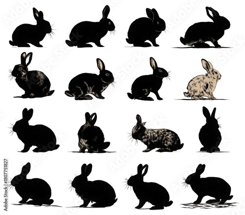 A diverse collection of rabbit silhouettes and illustrations.