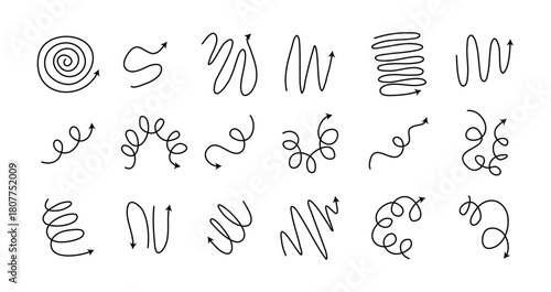 Spiral arrows Doodle set, hand drawn spring arrow coil icons flexible lines. Editable stroke