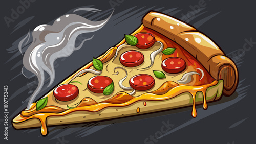 Very beautiful steaming hot New York–style pizza slice with golden crust, stretching melted cheese, fresh toppings, and rising steam, presented on a textured slate plate against a rich dark background