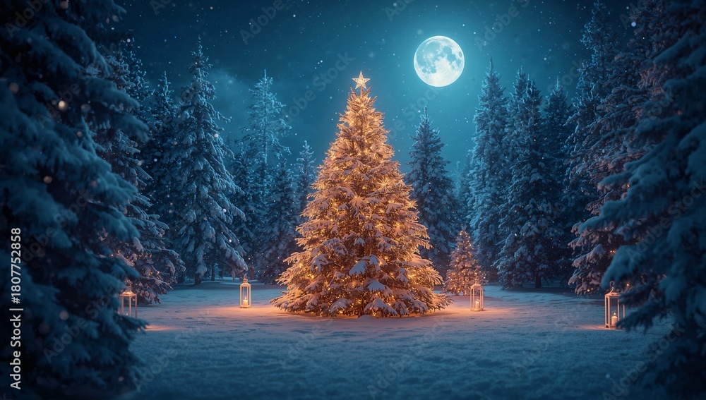 Fototapeta premium Illustration d’un paysage de Noël en hiver : un arbre enneigé brille dans la nuit froide. La lune éclaire la forêt silencieuse. Une célébration de la saison et des vacances.