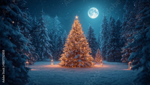 Illustration d’un paysage de Noël en hiver : un arbre enneigé brille dans la nuit froide. La lune éclaire la forêt silencieuse. Une célébration de la saison et des vacances.