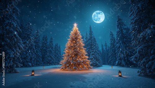 Illustration d’un paysage d’hiver où un arbre décoré pour Noël illumine la neige. La scène nocturne, au cœur d’une forêt froide, célèbre la nature et les vacances sous un ciel clair.