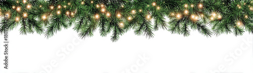 Christmas garland border with festive glowing lights on a clean white background, perfect for holiday designs and seasonal greetings.