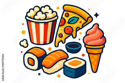 Colorful illustration of various delicious food items including pizza, sushi, popcorn, and ice cream, all rendered in a hand-drawn style. Perfect for food-related designs, menus, or illustrations.	