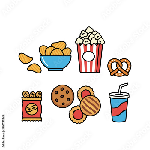 Colorful assortment of snack food icons including potato chips, popcorn, cookies, pretzels and soda, designed with simple outlines and bright colors. 