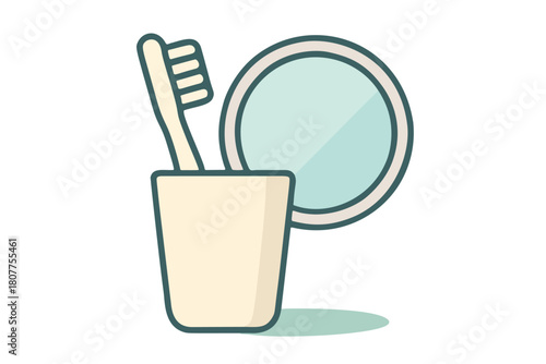 A simple and cute illustration of a toothbrush in a cup holder and a round mirror, perfect for use in dental clinics, bathroom accessory promotions, or personal hygiene awareness campaigns.	