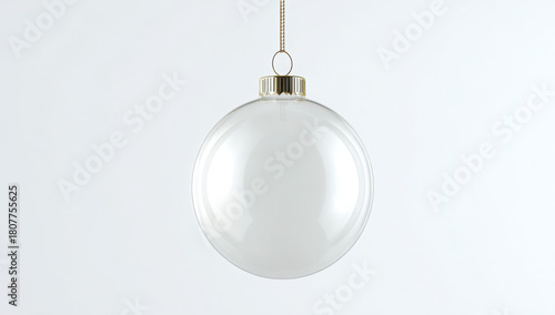 A transparent glass Christmas bauble ornament with a gold cap hanging against a plain white background.