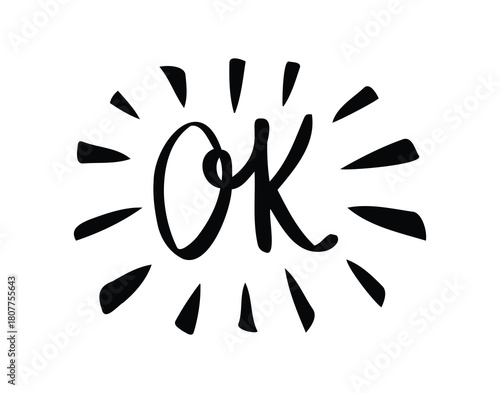 Ok comic doodle lettering flash effects. Shining hand drawn OK onomatopoeia. Okey okay decorative word cartoon icon