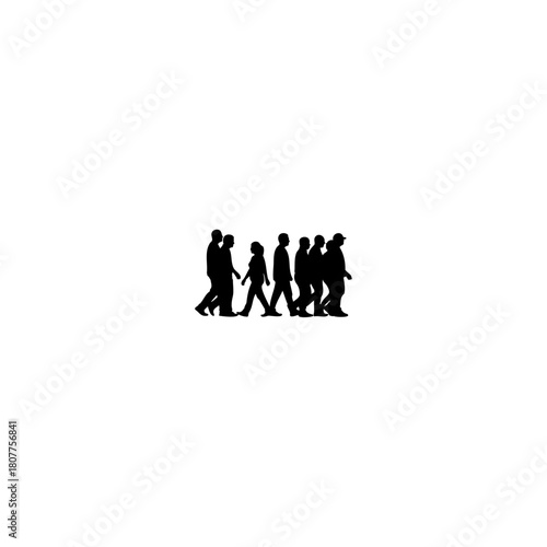 A silhouette of a group of people walking in a line against a white background in a simple illustration