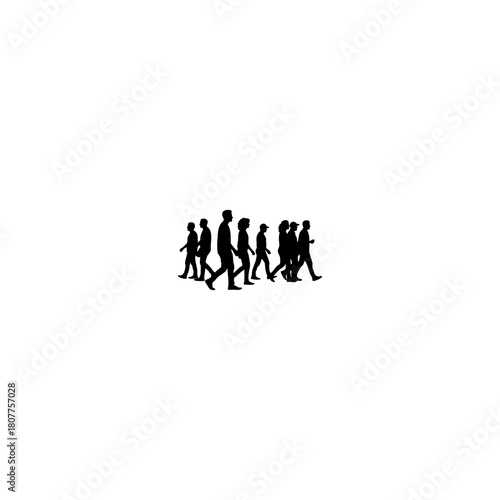 A silhouette of a group of people walking together in a line on a white background in a simple style