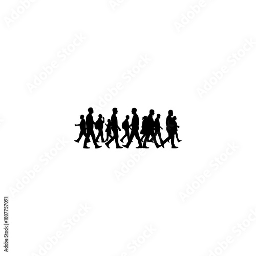 Silhouette of a group of people walking together in a line against a white background in a simple image