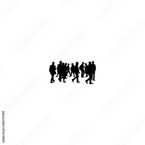 A silhouette of a crowd of people walking in the same direction on a white isolated background view point