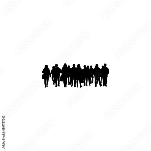 Silhouette of a group of people walking together on a white background in a single line formation view
