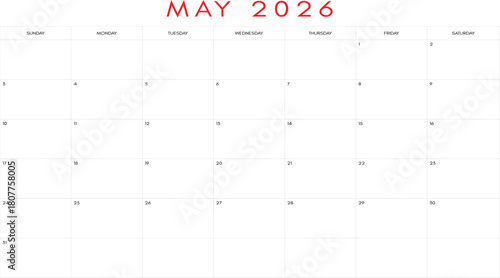 Clean may 2026 calendar grid, May 2026 Monthly Calendar - Editable Vector Layout