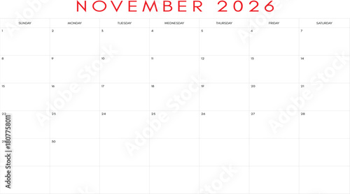 Clean november 2026 calendar grid, November 2026 Monthly Calendar - Holiday Prep & Events