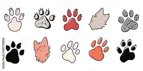 Collection of hand drawn colorful animal paw prints and wolf heads.