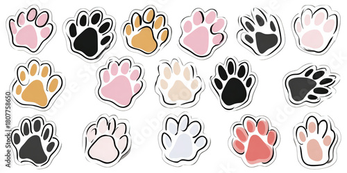 Cute collection of colorful animal paw prints in doodle style.
