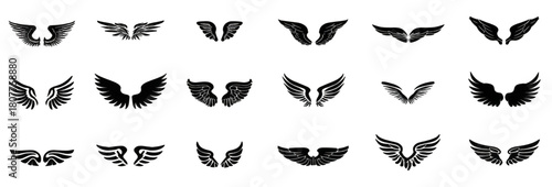 Set of black isolated wing icons in various styles for design elements.