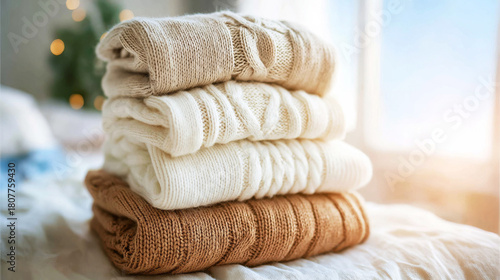 Knitted sweaters in neutral tones and cable patterns stacked on a bed, creating a feeling of warmth, comfort, and hygge